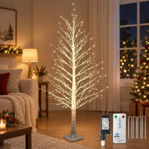Vista 8 de Árbol de abedul iluminado de 7 pies, 1000 luces LED multicolor con luces parpadeantes, modos parpadeantes o constantes, alambre de alta densidad
