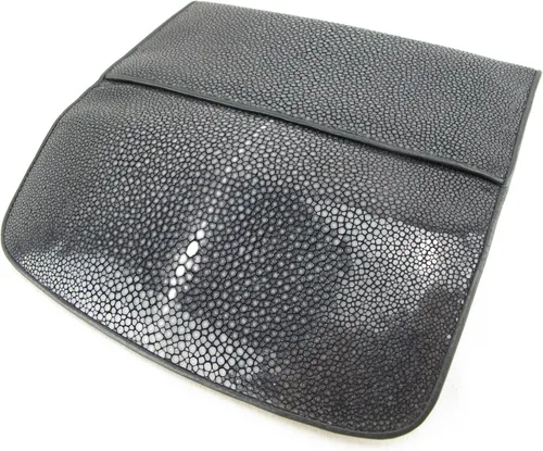 Vista 2 de Cartera de embrague triple de piel de mantarraya pulida genuina para mujer, Negro -, Cartera de embrague triple con rayas pulidas