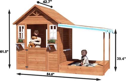 Vista 2 de BIRASIL Casa de juegos para niños con arenero, casa de juego de madera para exteriores con fosa de arena para jardín trasero, edades de 3 a 10 años