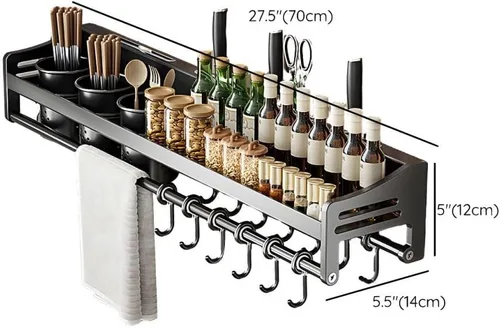 Vista 2 de Wall Stainless Steel Storage Rack Gray with Hooks Kitchen Wall-Mounted No Drilling Required, Multi-Functional Knife Kitchen Storage Stainless Steel