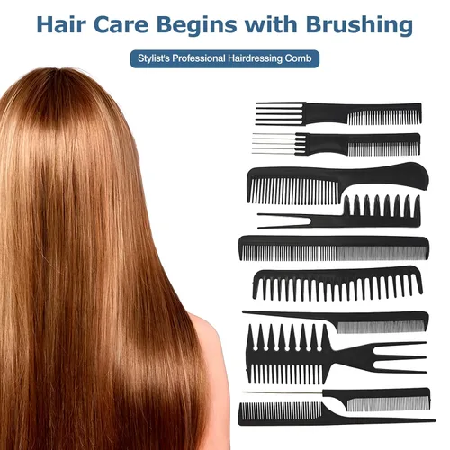 Vista 2 de Juego de 10 peines de peinado profesional, paquete variado para todo tipo de cabello y estilos