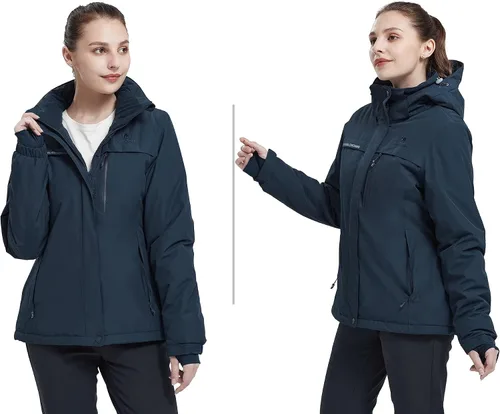 Vista 36 de CAMEL CROWN - Chamarra de esquí para mujer, impermeable, con capucha desmontable, rompevientos, forro polar, parka para lluvia