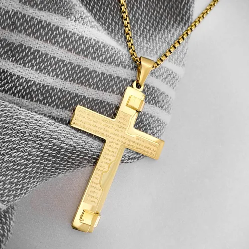Vista 2 de EZUY GNAY Collar con colgante de cruz de acero inoxidable de oración del Señor cadena de cruz de religión regalo inspirador para hombres y mujeres