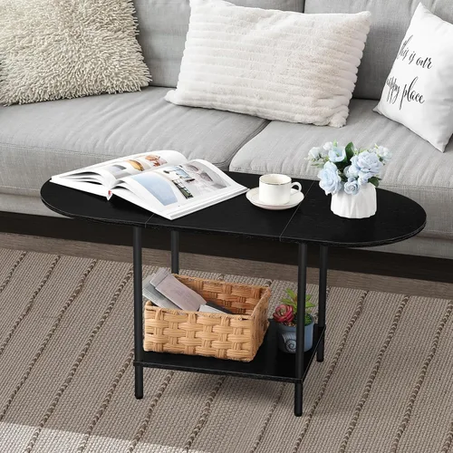 Vista 7 de OYEAL Mesa de Café Negra para Sala de Estar, Mesa Central Pequeña de 2 Niveles Ovalada, Mesa de Té Redonda de Granja de Media Siglo con Estante