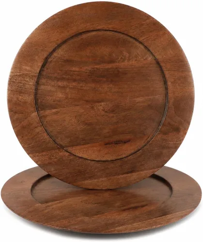 Vista 7 de Juego de 2 platos de madera de mango de 13 pulgadas, platos de carga decorativos de color albaricoque, platos de madera pulida para mesa de comedor