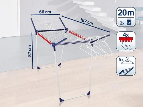 Vista 5 de Leifheit Pegasus 200 - Aireador de ropa de pie sólido con accesorios, perchero plegable para exteriores e interiores, 65.6 ft con 4 clips para secar