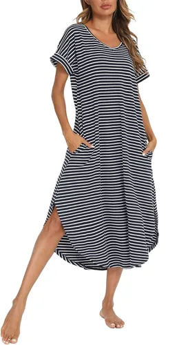 Vista 8 de AVIIER - Camisones de algodón para mujer, ropa de dormir suave con bolsillos, tallas S a XXL Negro Floewer 4