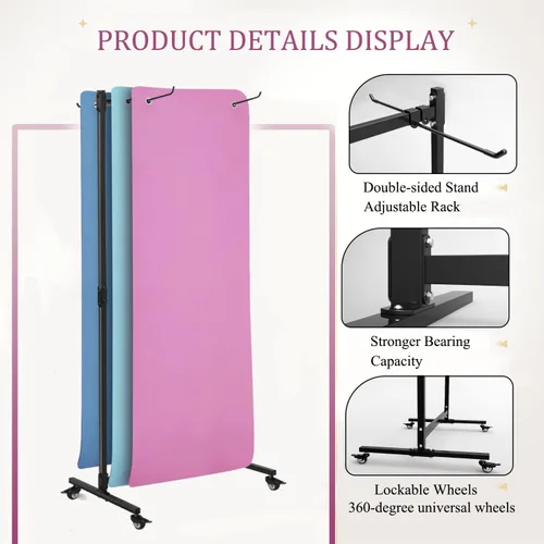 Vista 5 de Soporte para colchoneta de yoga colgante, carrito de almacenamiento de metal de doble cara sobre ruedas, estante para pilates de pie para gimnasio