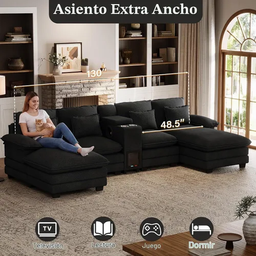 Vista 5 de Sofá nube en forma de U de 130 pulgadas con casa para gatos, sofá modular de gran tamaño para sala de estar, cómodo sofá grande de chenilla, juego