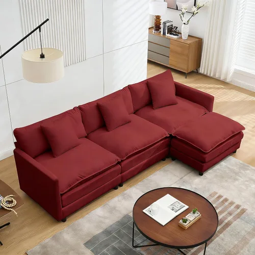 Vista 15 de Sofá modular modular de pana de 108.27 pulgadas, moderno juego de sofá para sala de estar con 3 asientos, 1 otomana y 3 almohadas, cómodos sofás