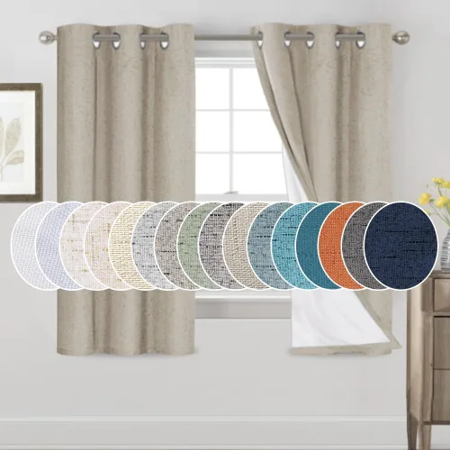Vista 133 de Cortinas con textura de lino 100% opacas de 64 pulgadas de largo, juego de 2 paneles de cortinas de lino opacas con forro aislante térmico que Arena