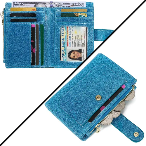 Vista 3 de Carteras para mujer RFID pequeñas y compactas de cuero plegable con bolsillo con cremallera