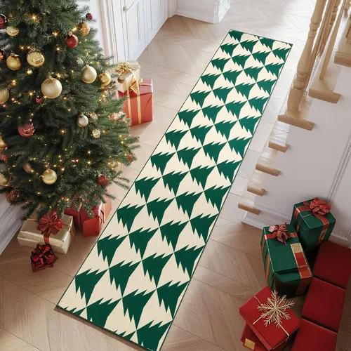 Vista 4 de COLLACT Alfombra de pasillo de Navidad de 2 x 10 pies, color verde sobre crema, alfombra de camino de árbol de Navidad, alfombra lavable, alfombra