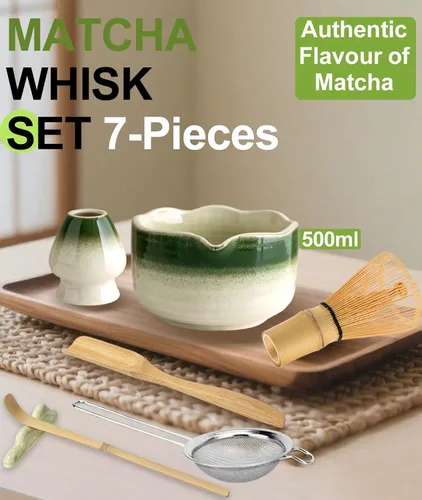 Vista 2 de JBER Juego de matcha, 7 piezas de batidor de cerámica Matcha para ceremonia Gradiente Verde
