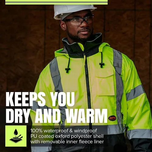 Vista 2 de Pioneer Hi Vis Work Jacket for Men - Waterproof Safety Bomber with Reflective Tape- Meets ANSI Class 3 - Winter Rain Jacket with Detachable Hood