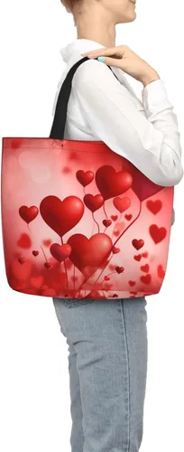 Vista 2 de Bolsa de mano con globo de corazón para mujer, bolsa reutilizable para el día de San Valentín, bolsa de compras de comestibles con cremallera, bolsa