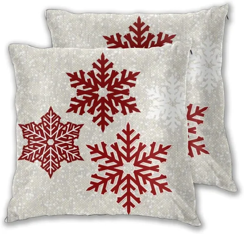 Vista 2 de JOOCAR Fundas de almohada navideñas de 20 x 20 pulgadas, paquete de 2 fundas de almohada de copos de nieve rojos de Navidad, fundas de almohada