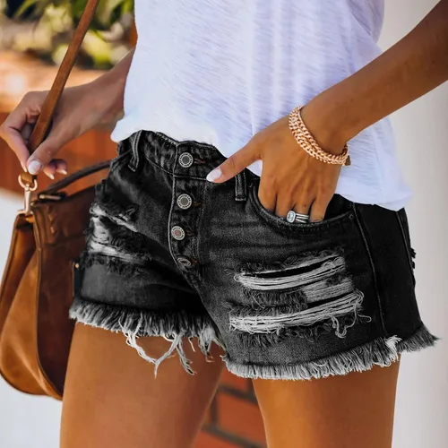 Vista 3 de Pantalones cortos de mezclilla para mujer, pantalones cortos de mezclilla para mujer, desgastados, con agujeros rasgados, dobladillo deshilachado