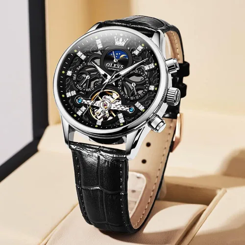 Vista 3 de OLEVS Men Skeleton Watch Automatic Mechanical Dress Casual Brown Black Leather Moon Phase Luminous Waterproof Wrist Watches