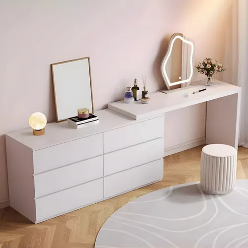 Vista 9 de LAKIQ Moderno juego de escritorio de maquillaje blanco con taburete de espejo, tocador ajustable de madera fabricada con 6 cajones de almacenamiento