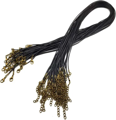 Vista 4 de 30 piezas de collar encerado de 0.059 in 23.6 pulgadas con cadena de bronce y cierre de langosta para hacer pulseras, collares y joyas (negro)
