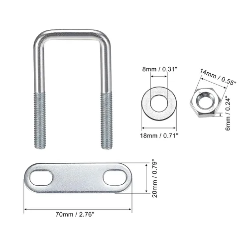 Vista 47 de uxcell Pernos cuadrados en U de 1 "(25 mm) de ancho interior de acero al carbono M8 con tuercas, placa de marco, arandelas redondas, juego de 4