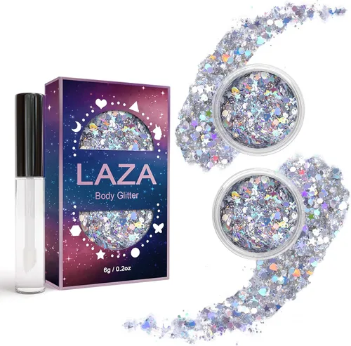 Vista 18 de Laza Purpurina corporal, 2 tarros de lentejuelas gruesas holográficas con pegamento de purpurina, perfecto para mujeres, sombra de ojos, maquillaje