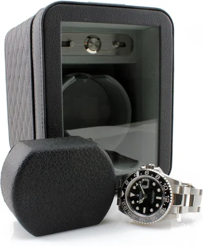 Vista 3 de Heiden Monaco - Bobinadora de reloj individual, cuero negro, funciona con pilas o adaptador de CA, 12 ajustes de programa, cuero vegano cosido