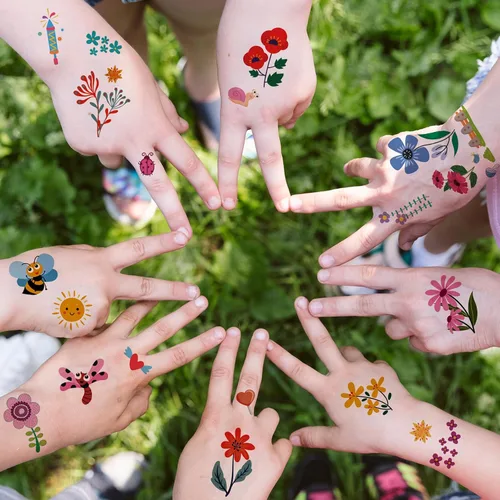 Vista 2 de Tatuajes temporales de flores para niños y niñas, 10 hojas falsas, impermeables, lindas calcomanías de tatuaje pequeñas para niños, regalos