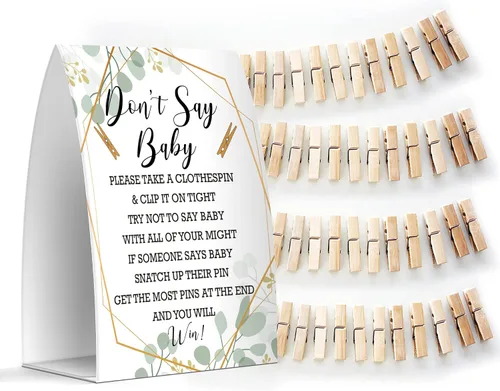 Vista 8 de Juego de texto en inglés "Don't Say Baby", un letrero de 5 x 7 pulgadas y 50 mini pinzas para la ropa, juegos de baby shower, decoración de baby