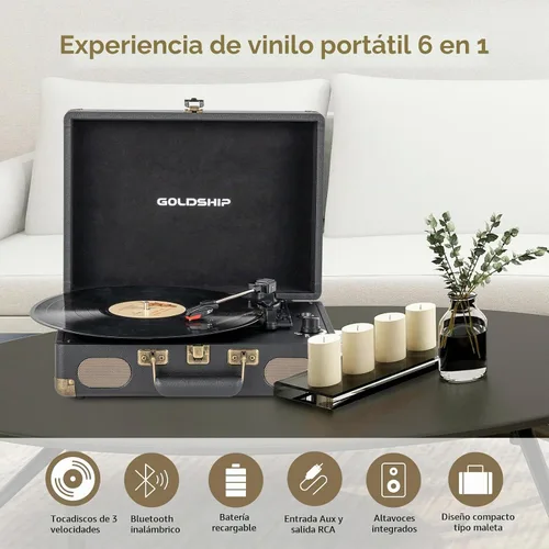 Vista 2 de Tocadiscos de vinilo portátil de 3 velocidades con Bluetooth con batería recargable, diseño retro de maleta, salida de línea Aux in/RCA y puertos