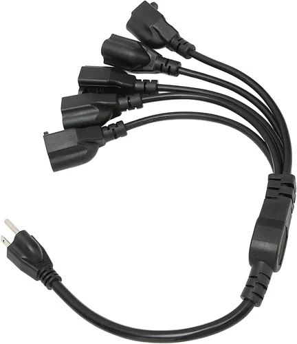Vista 7 de Divisor de cable de alimentación de 5 vías, 3 clavijas de 1 a 5 salidas, ahorro de espacio 16AWG 18AWG para luz LED de escenario de computadora