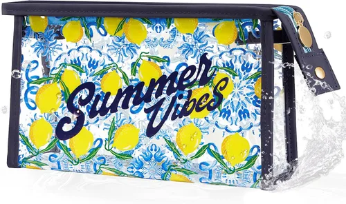 Vista 11 de COSHAYSOO Bolsa de Maquillaje Transparente con Protección Solar, Bolsa de Protector Solar con Parches de Letras, Accesorios Esenciales de Playa