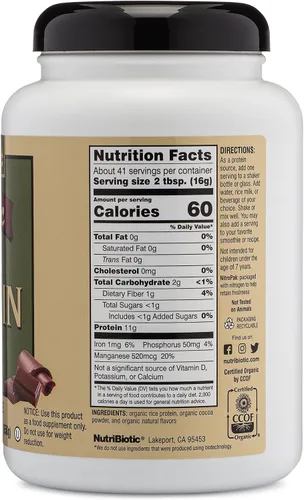 Vista 3 de NutriBiotic Chocolate con proteína de arroz orgánico certificado, 22.9 onzas, proteína vegana baja en carbohidratos en polvo, crudo, certificado
