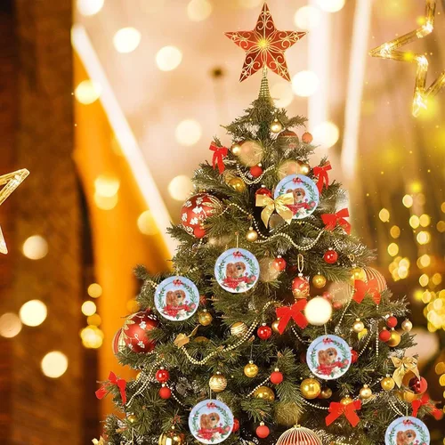 Vista 8 de Adorno personalizado con nombre de perro, adorno de Navidad de cerámica personalizado para perro, colgante redondo para árbol de bolas, recuerdo