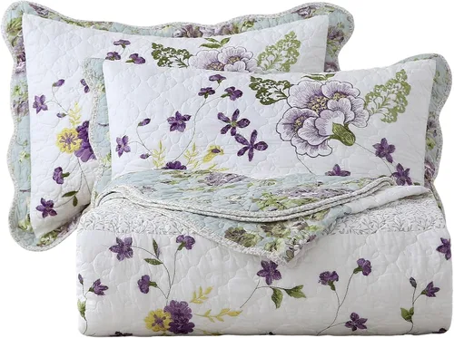 Vista 13 de vctops - Juego de colcha de 3 piezas, elegante, con bordado floral, de tamaño individual, 100% algodón, reversible y de retazos, 1 colcha y 2 fundas