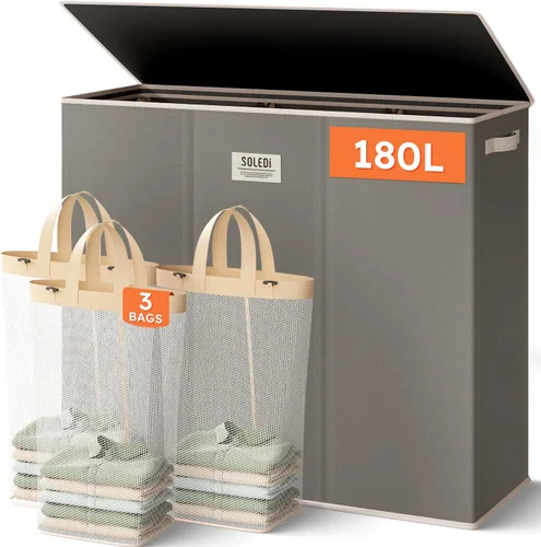 Vista 13 de SOLEDI Cesta de lavandería de 3 secciones de 180L con tapa, cesta de ropa sucia extragrande con asas resistentes para lavandería y dormitorio