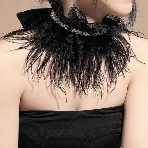 Vista 6 de Gargantilla de encaje negro, collar gótico de plumas naturales, collar de perlas, cuello de perlas para fiesta de Halloween, joyería de disfraz