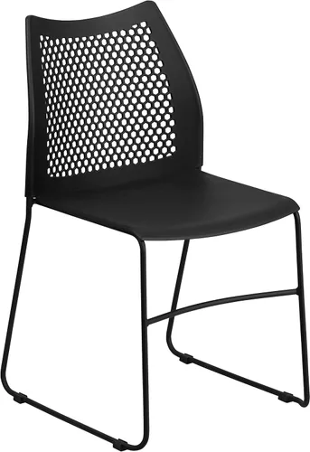 Vista 3 de EMMA + OLIVER Silla apilable con base de trineo negro para el hogar y la oficina con respaldo de ventilación de aire, silla de invitados