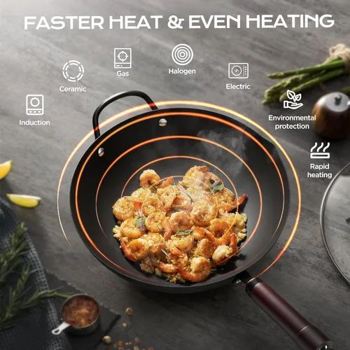 Vista 4 de Wok, woks y sartenes de acero al carbono de 13 pulgadas antiadherentes, wok chino de 5.8QT con fondo plano pre-curado con tapa, sartenes de paella