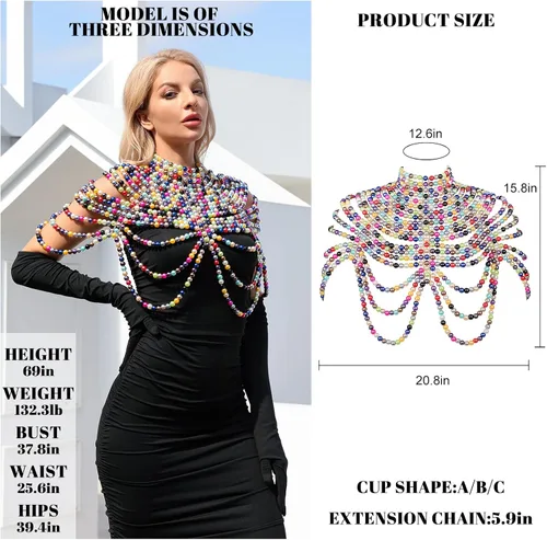 Vista 5 de Sujetador de cadena de cuerpo de perlas para mujer, sexy, bikini, cadena de hombro, collar de cadena para el cuerpo, cadena de moda, espectáculo