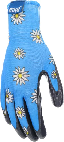 Vista 3 de MUD Guantes de jardinería con estampado de margaritas para mujer, con carcasa de poliéster y palma recubierta de nitrilo plano, Azul