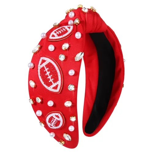 Vista 8 de YAHPERN Diadema anudada de perlas de cristal, diadema ancha con nudo superior para mujer, accesorios para el cabello deportivos, béisbol, fútbol