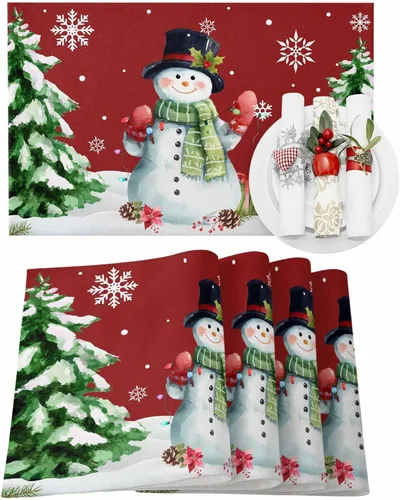 Vista 13 de Juego de 4 manteles individuales de reno de Navidad para mesa de comedor, alce de Navidad con bufanda, a cuadros de búfalo rojo, verde, duradero