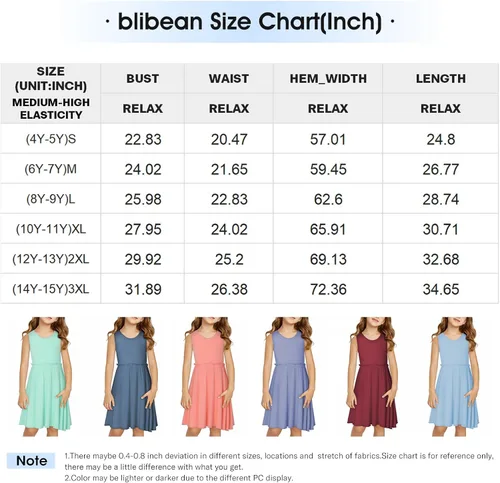 Vista 6 de blibean Vestido de verano sin mangas para niñas, trajes cómodos talla 4-13 años