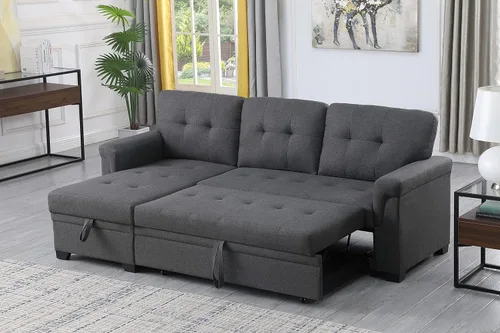 Vista 6 de Sofá cama modular convertible en forma de L de 84 pulgadas, sofá esquinero reversible tapizado de lino, sofá para 3 personas con diván