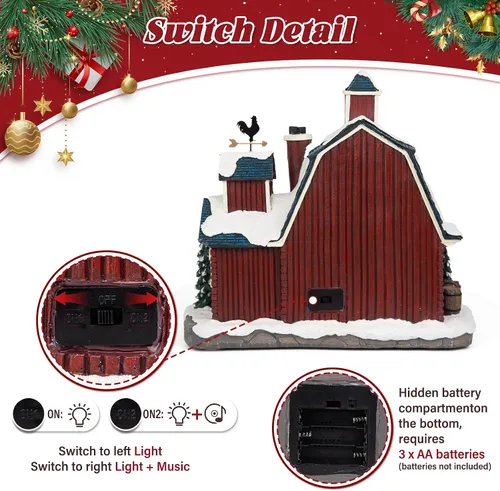 Vista 5 de Aldea Navideña Musical de Granja con Iluminación LED - Granero de Granja de 10.4", Gran Edificio Coleccionable de Navidad con Modos Duales de Luz