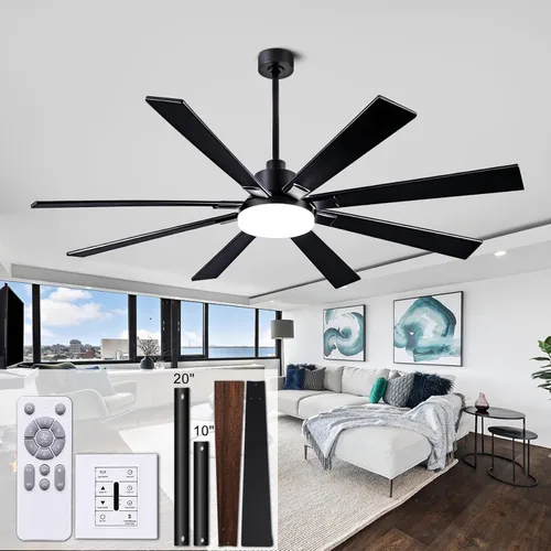 Vista 11 de Ventilador de techo iluminado de 62 pulgadas, negro, con control remoto, función de memoria completa, funcionamiento silencioso, ideal para garajes