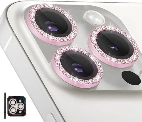 Vista 24 de Protector de lente de cámara para iPhone 15 Pro/15 Pro Max, protector de lente de anillo de cámara de vidrio templado individual con bandeja