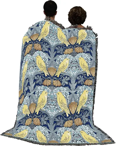 Vista 3 de Pure Country Weavers C.F.A. Voysey - Manta azul con diseño de pájaros y bayas, para manualidades y manualidades, manta tejida de algodón, fabricada
